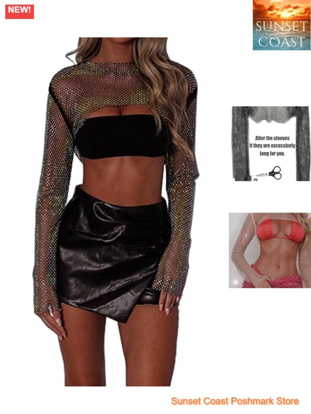 Women Rhinestone Fishnet Crop Top Long Sleeve Rave Festival Sparkly Shirt